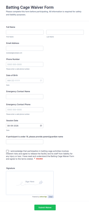 Batting Cage Waiver Form Template
