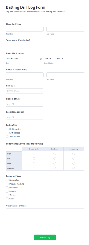 Batting Drill Log Form Template