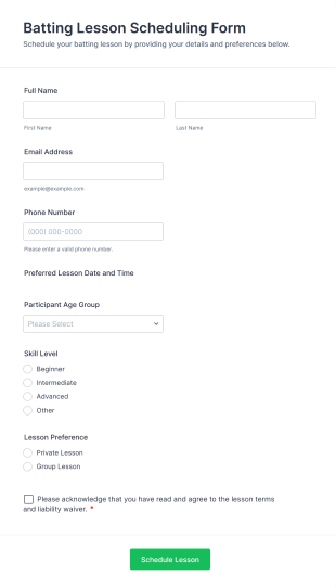 Batting Lesson Scheduling Form Template