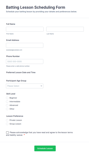 Batting Lesson Scheduling Form Template