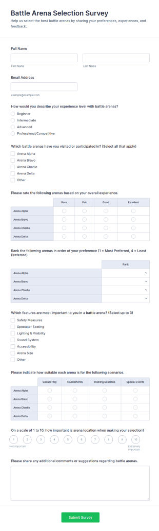Battle Arena Selection Survey Form Template