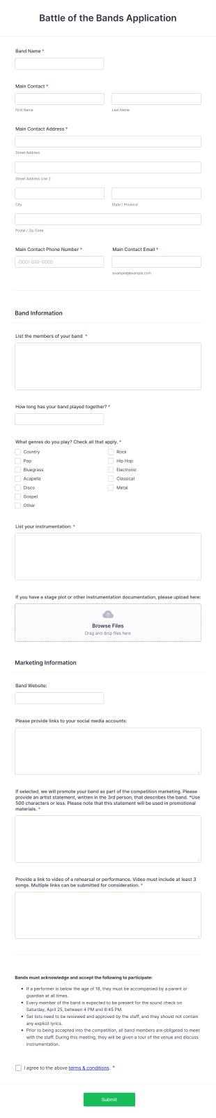 Battle Of The Bands Application Form Template