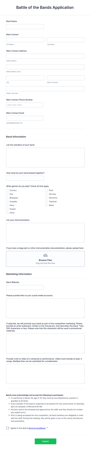 Battle Of The Bands Application Form Template