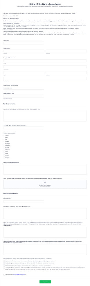 Battle Of The Bands Bewerbung Form Template