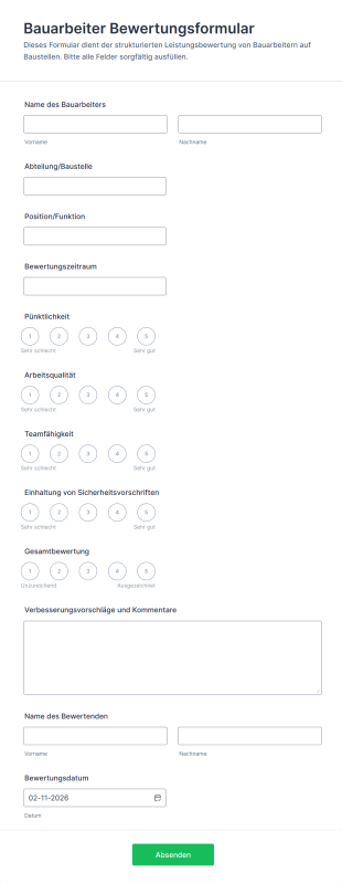 Bauarbeiter Bewertungsformular