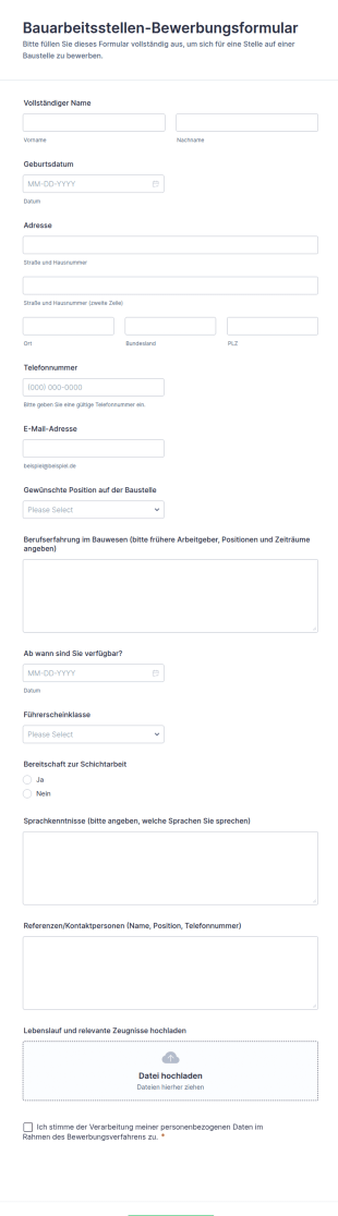 Bauarbeitsstellen Bewerbungsformular
