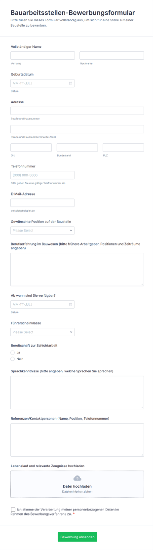 Bauarbeitsstellen Bewerbungsformular