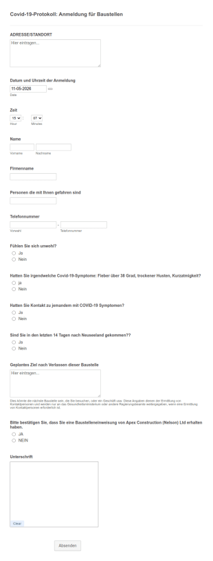 Baustellen Covid 19 Protokoll Formular