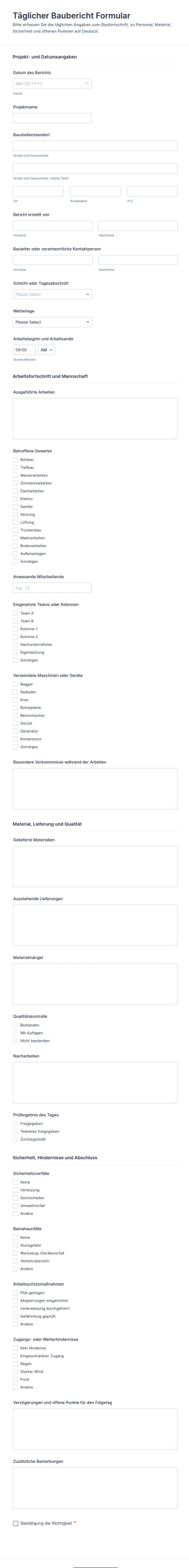 Baustellen Tagesbericht Formular