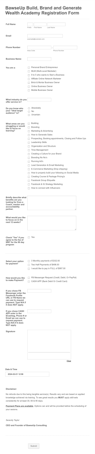 BawseUp Build, Brand And Generate Wealth Academy Registration Form Template