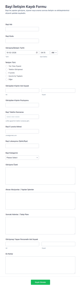 Bayi Etkileşim Kayıt Form Şablonu