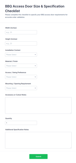 BBQ Access Door Size & Specification Checklist Form Template