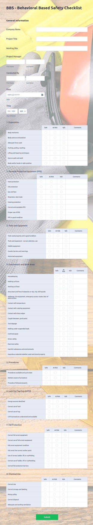 BBS Behavioral Based Safety Checklist Form Template