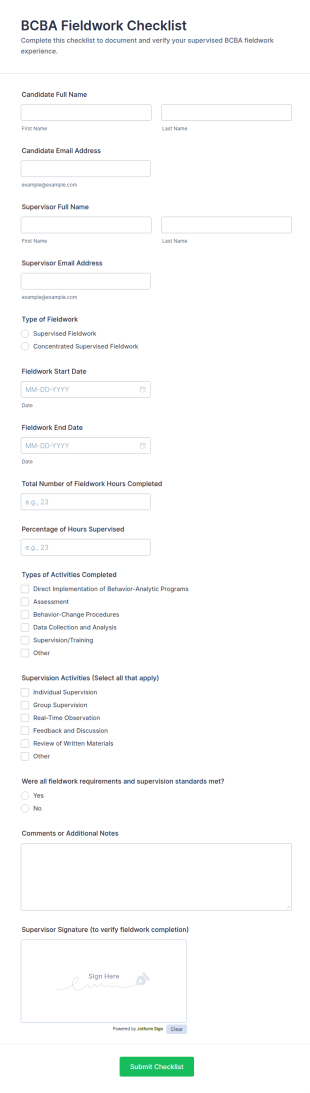 BCBA Fieldwork Checklist Form Template