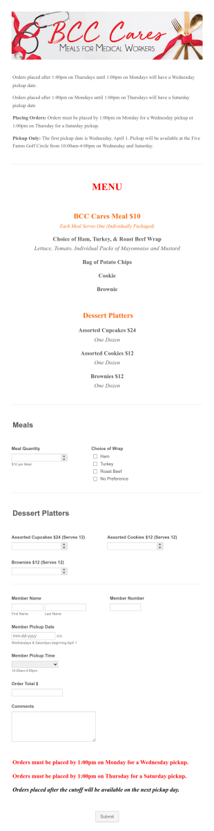 Medical Worker Meal Order Form Template