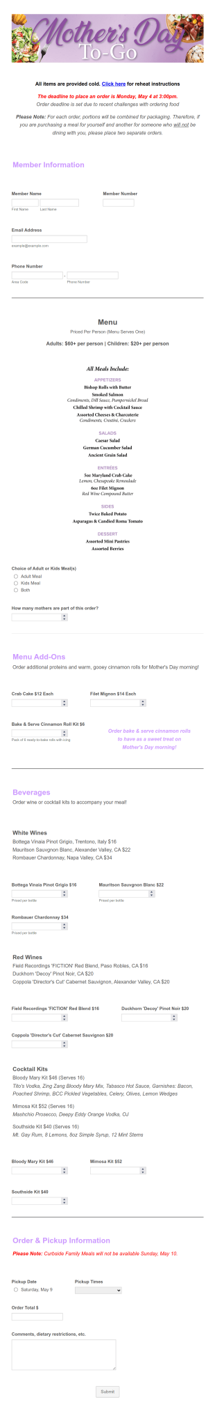 Mother’s Day Menu Order Form Template