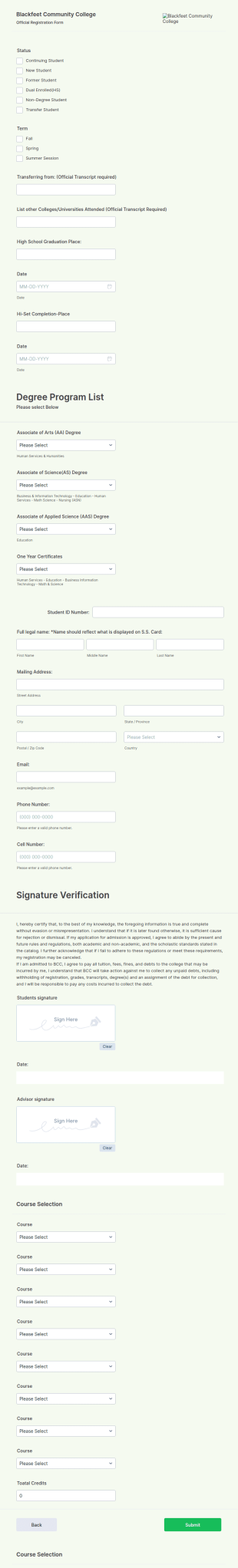 BCC Student Registration Form Template