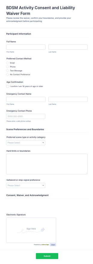 BDSM Activity Consent And Liability Waiver Form Template
