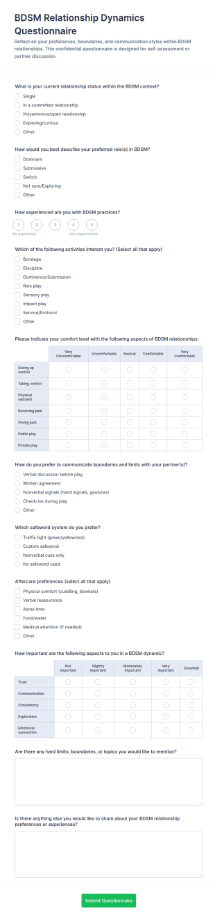 BDSM Relationship Dynamics Questionnaire Form Template