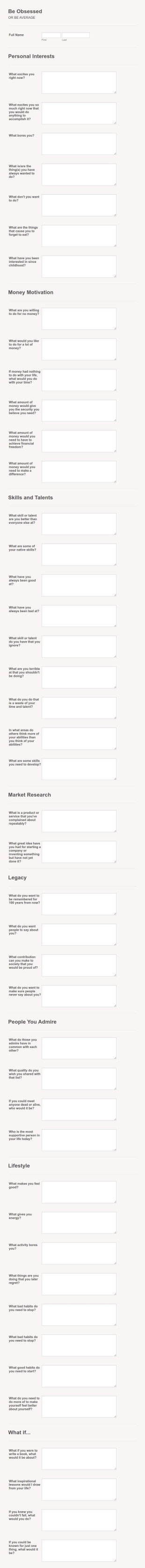 Self Discovery Questionnaire Template Form Template