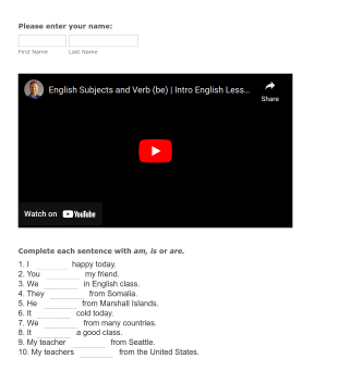Be Verb And Subjects Quiz Form Template