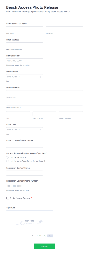 Beach Access Photo Release Form Template