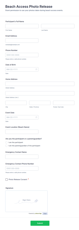 Beach Access Photo Release Form Template