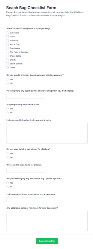 Beach Bag Checklist Form Template