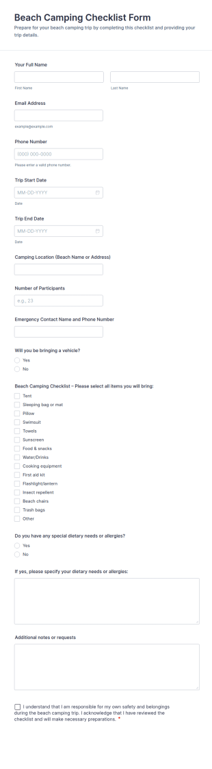 Beach Camping Checklist Form Template