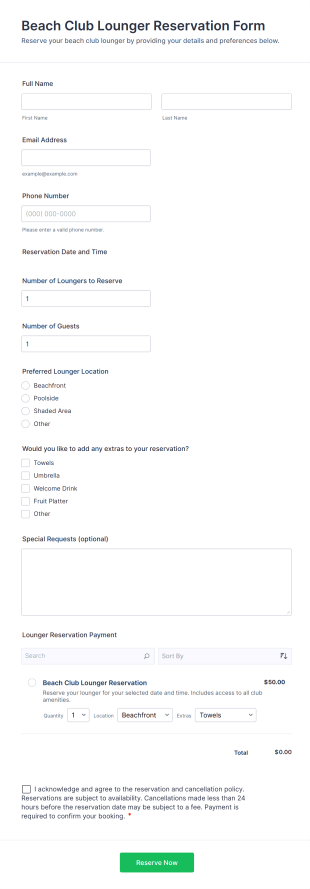 Beach Club Lounger Reservation Form Template