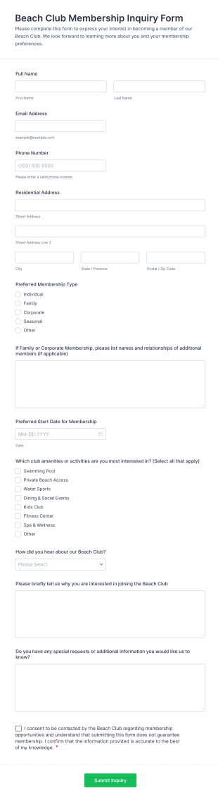 Beach Club Membership Inquiry Form Template