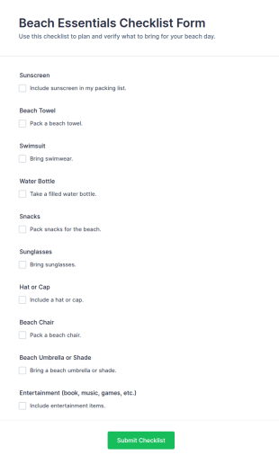 Beach Essentials Checklist Form Template
