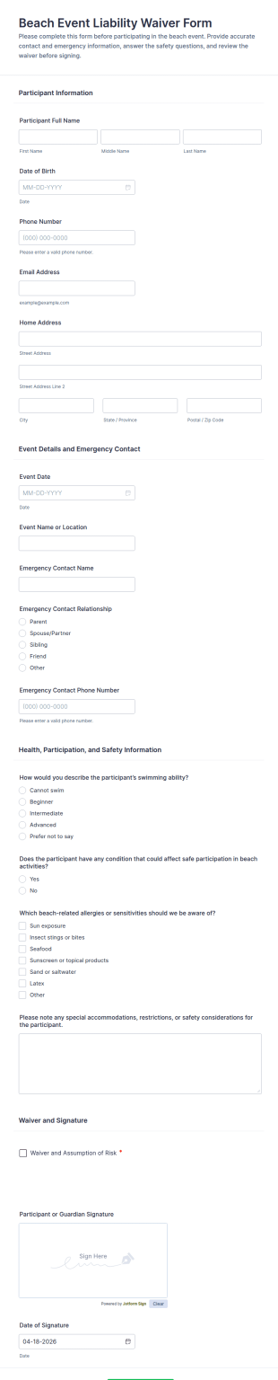 Beach Event Liability Waiver Form Template