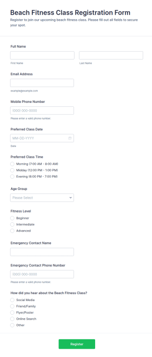 Beach Fitness Class Registration Form Template