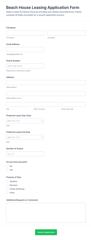 Beach House Leasing Application Form Template