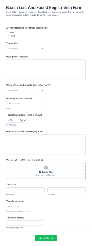 Beach Lost And Found Registration Form Template