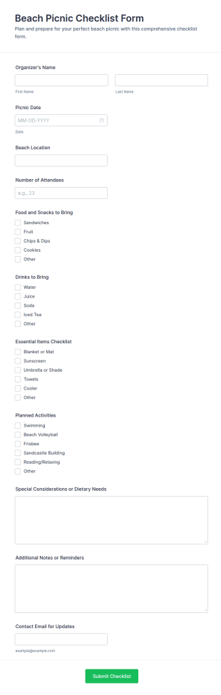 Beach Picnic Checklist Form Template