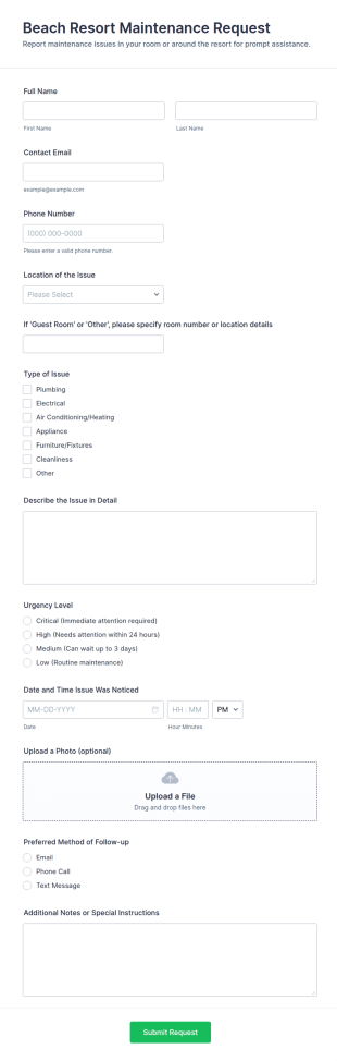Beach Resort Maintenance Request Form Template