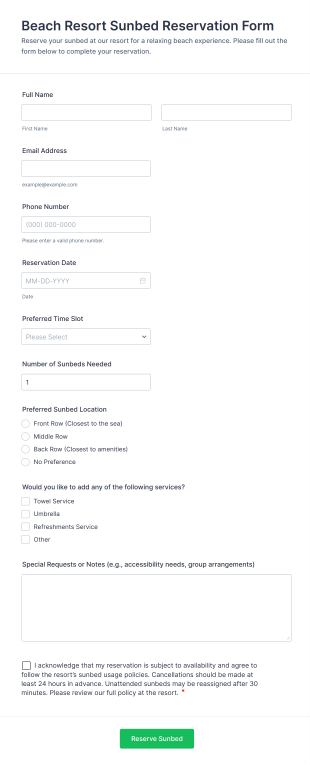 Beach Resort Sunbed Reservation Form Template