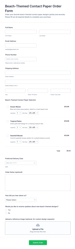 Beach Themed Contact Paper Order Form Template