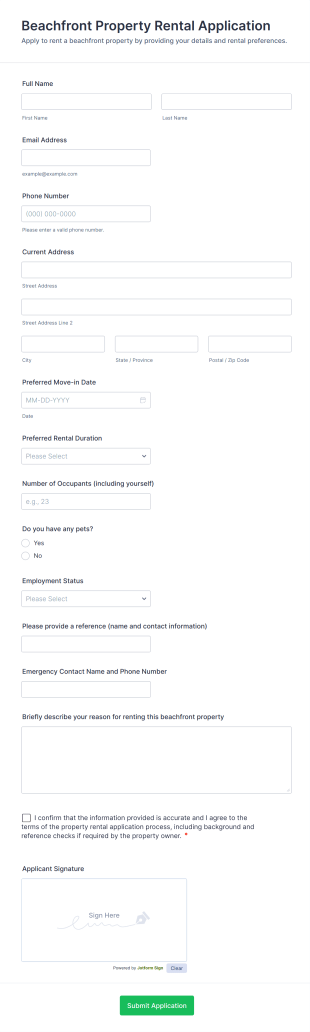 Beachfront Property Rental Application Form Template