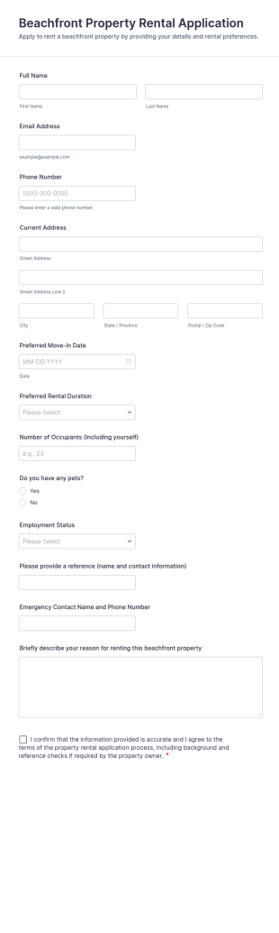 Beachfront Property Rental Application Form Template