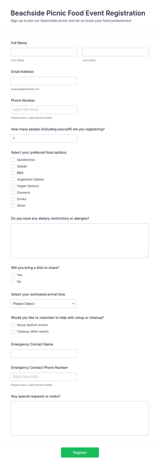 Beachside Picnic Food Event Registration Form Template