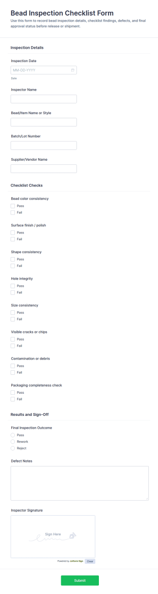 Bead Inspection Checklist Form Template