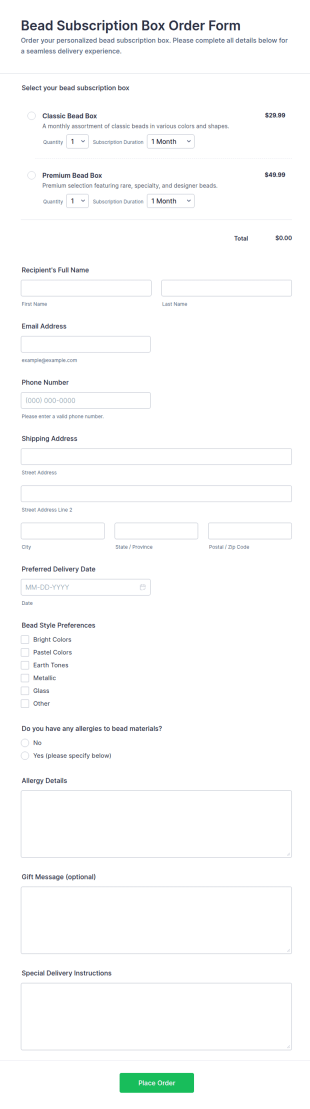 Bead Subscription Box Order Form Template