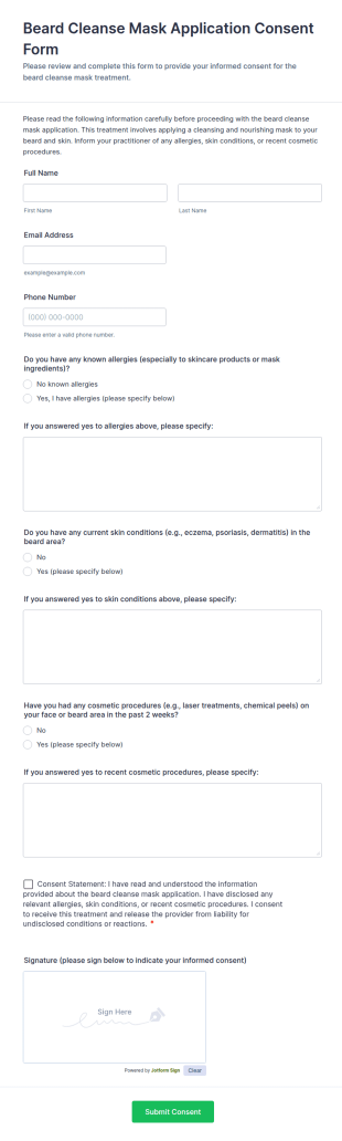 Beard Cleanse Mask Application Consent Form Template
