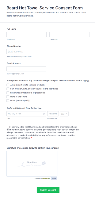 Beard Hot Towel Service Consent Form Template