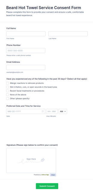 Beard Hot Towel Service Consent Form Template