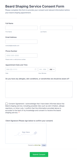 Beard Shaping Service Consent Form Template