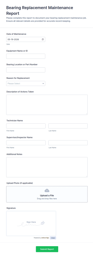 Bearing Replacement Maintenance Report Form Template